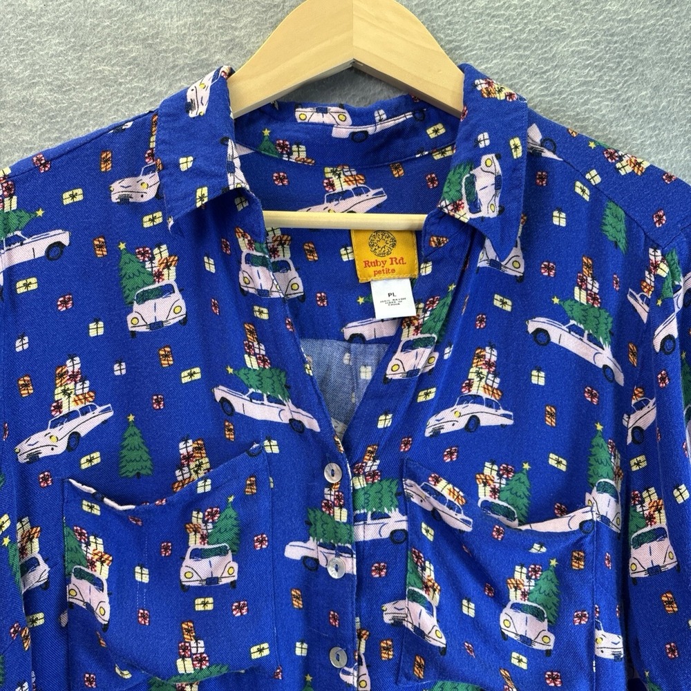 Ruby Rd Blue 3/4 Sleeve Holiday Classic Cars Blouse Top VW Beetle Petite L Gifts